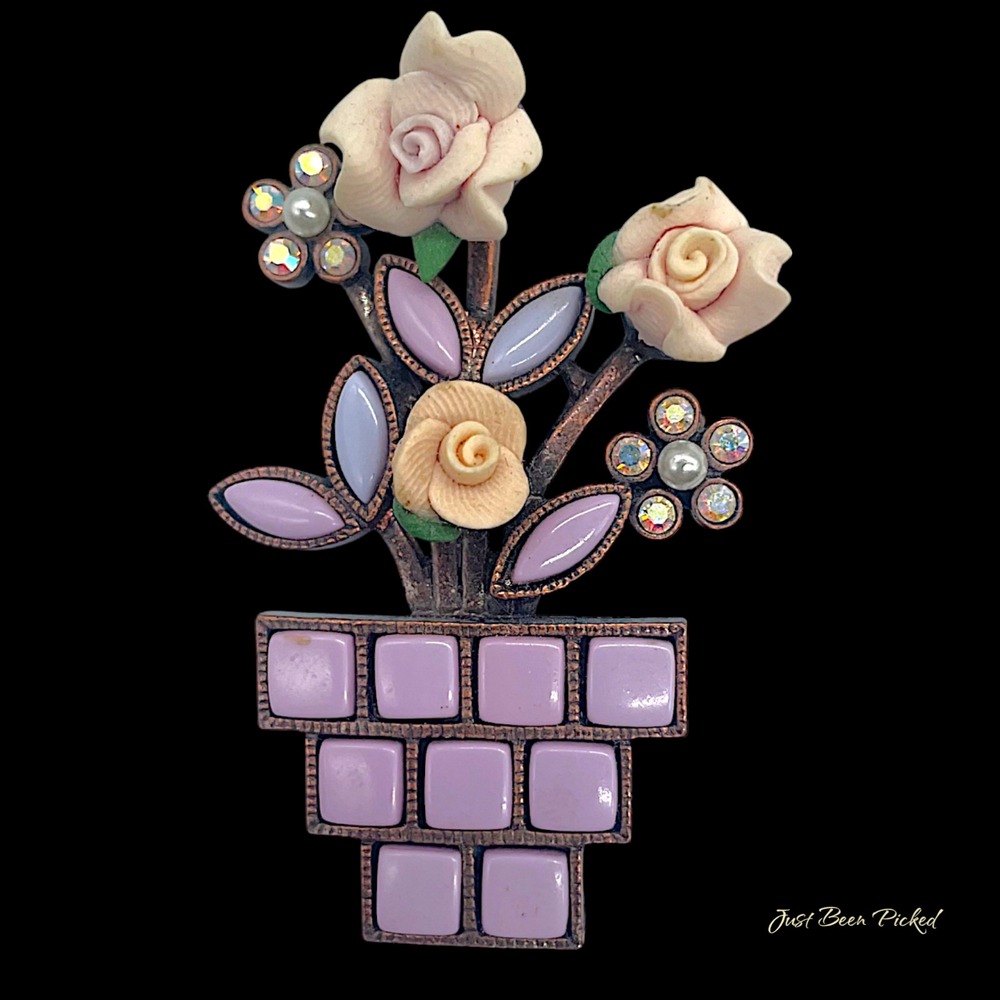 Greenwich Flower‎ Pot Brooch Pin Resin Rose Rhinestone Enamel Copper Tone 2.25"
